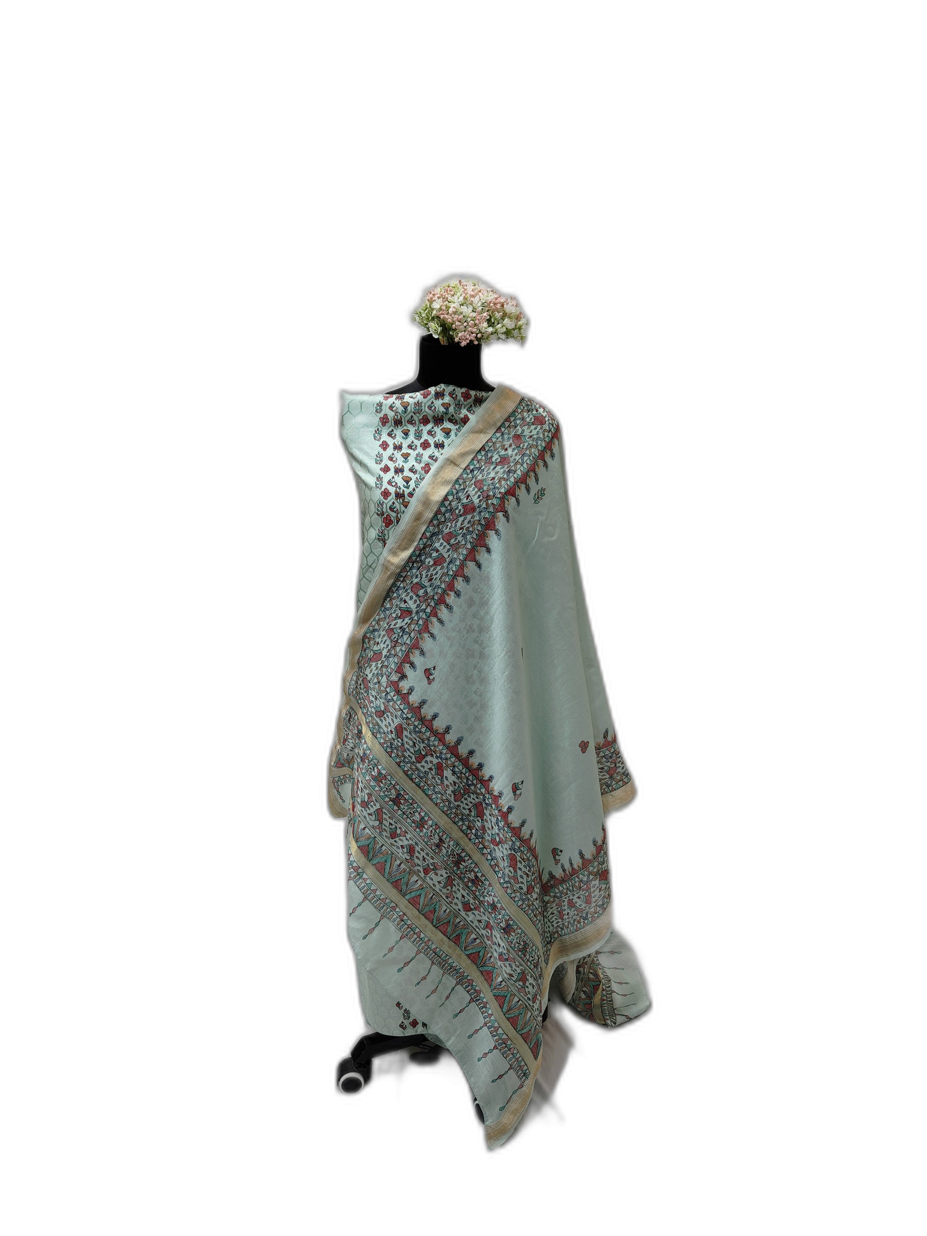 Hand-Painted Madhubani Unstitched Chenya Silk Suit Set in Mint Green